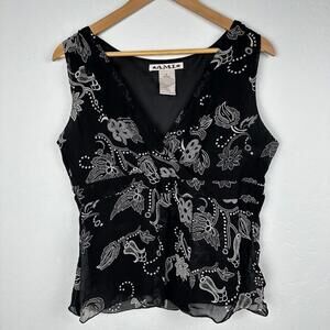 Y2K Womens Vintage Top Tank Blouse Floral Black V Neck A.M.I Size Large